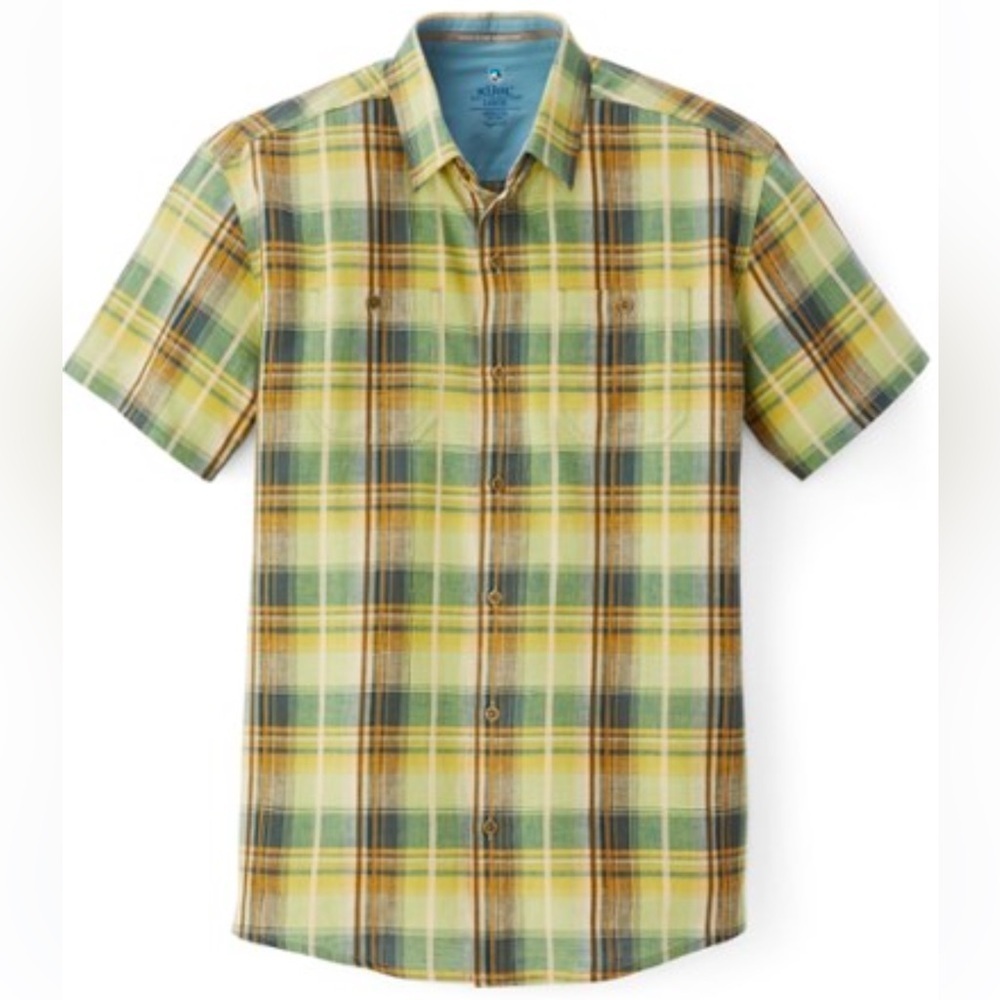 Kuhl SKORPIO Shirt Men XL Agave Gold Tapered Fit Linen UPF 15+ Hiking plaid